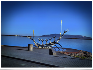 Viking longship modern art sculpture on the waterfront.